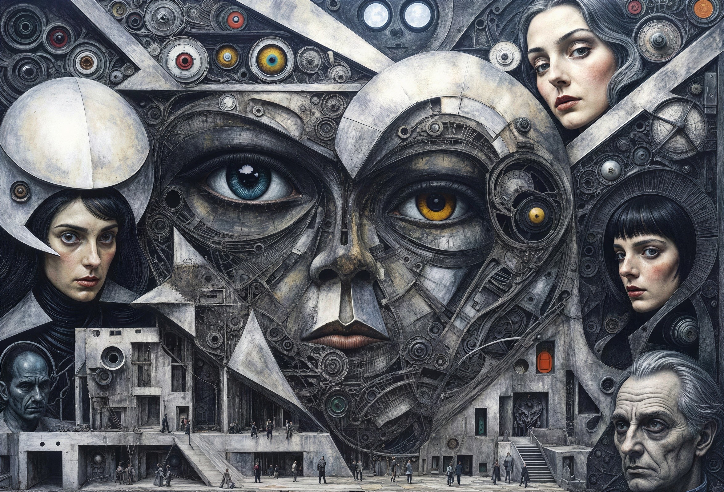 Surrealist Digital Collage of Mechanical Faces and Structures