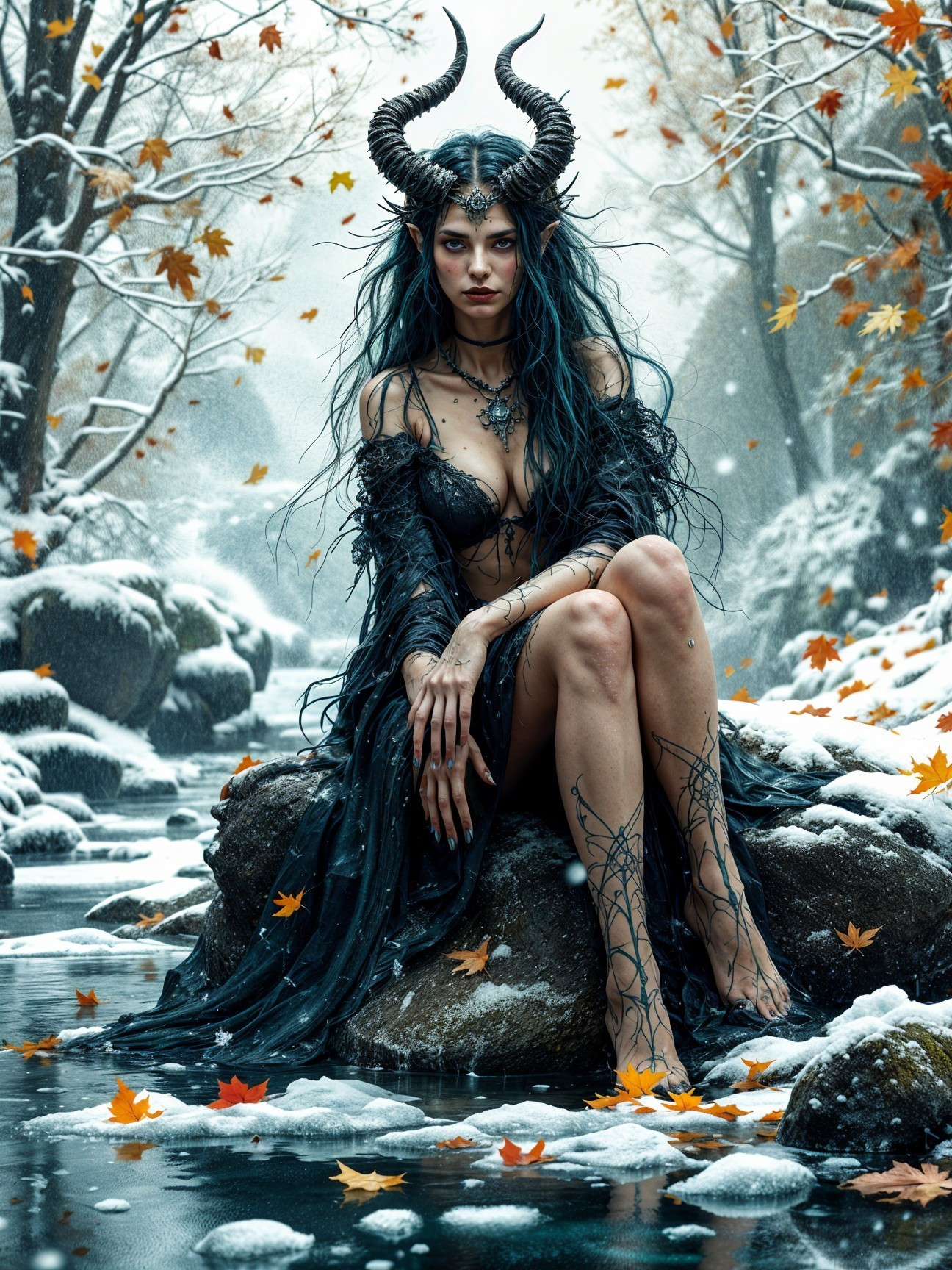 Mystical Figure in Snowy Forest with Autumn Leaves