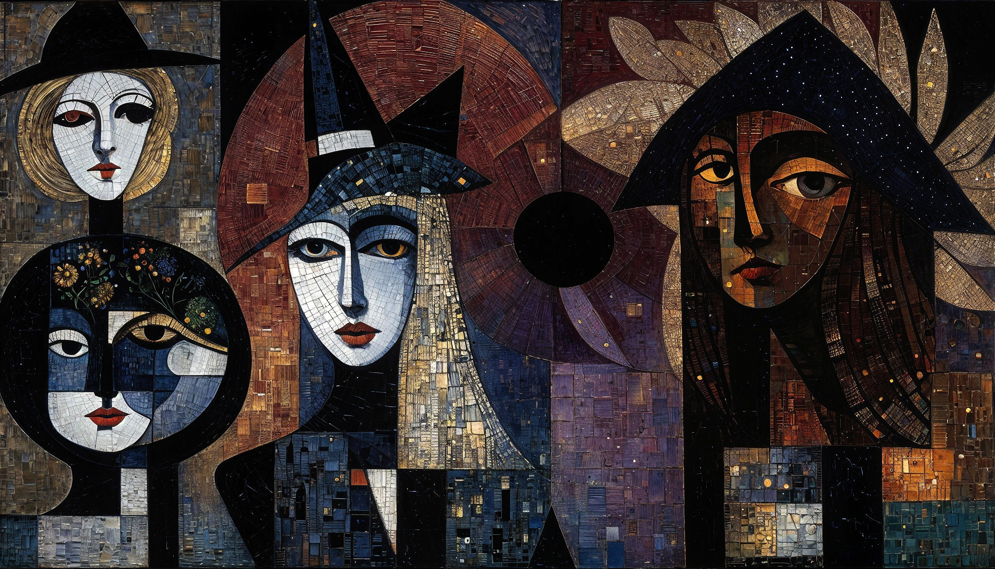 Abstract Mosaic of Four Faces with Hats
