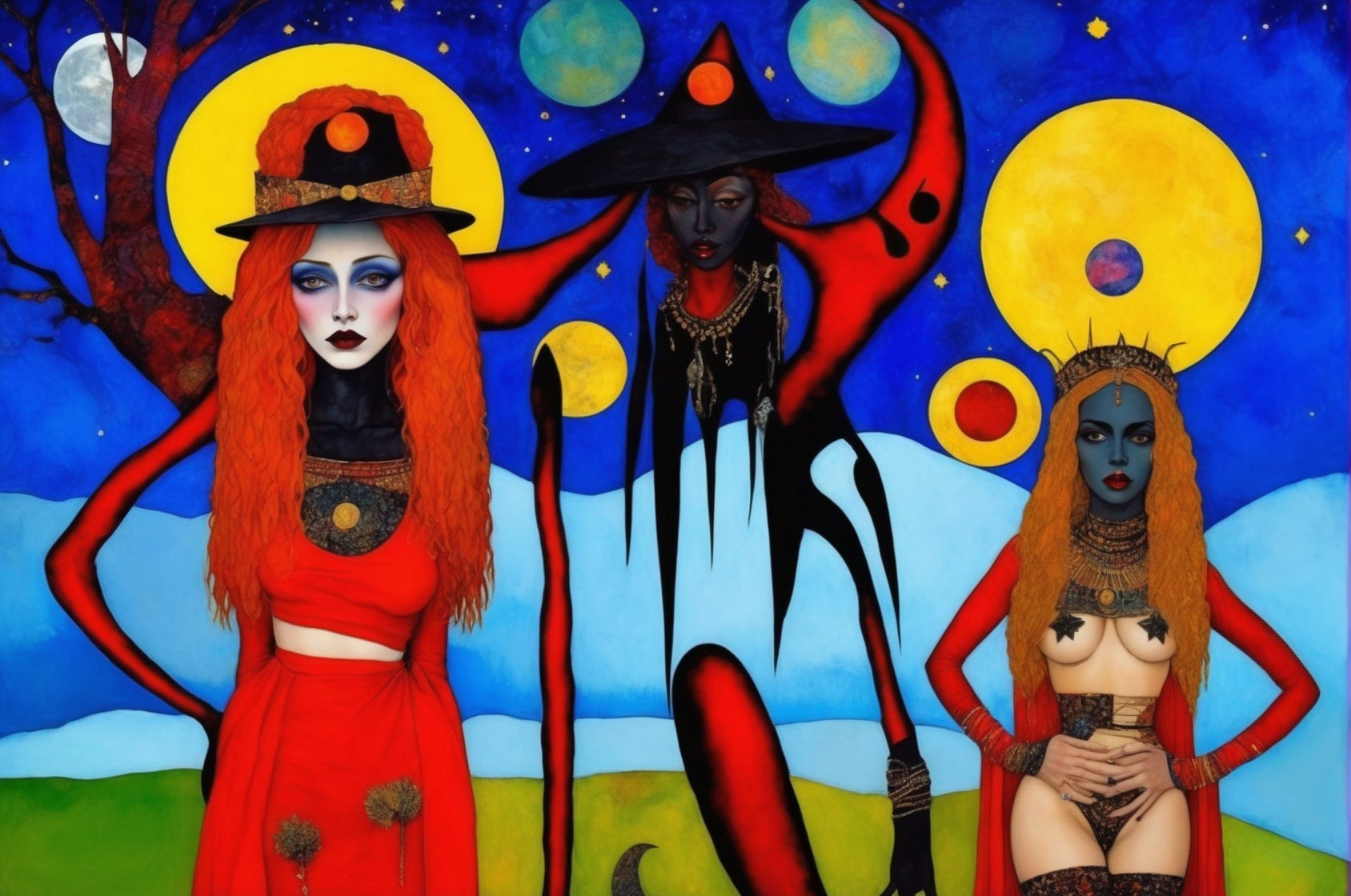 Surreal Scene with Figures in Colorful Celestial Setting