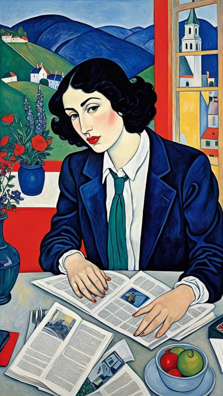 Contemplative Woman in Formal Suit Surrounded by Newspapers