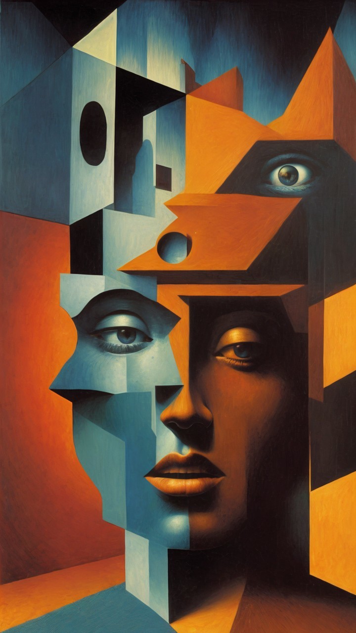 Fragmented Face Artwork with Geometric Shapes and Colors