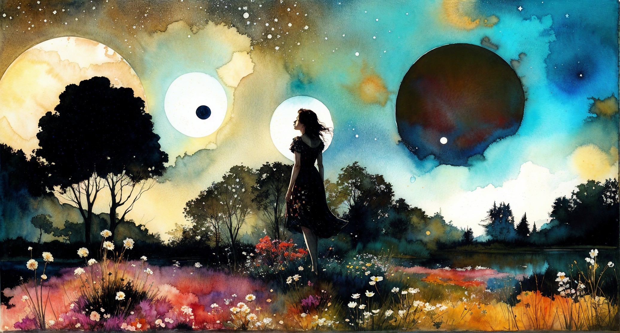 Silhouetted Figure in a Vibrant Floral Landscape