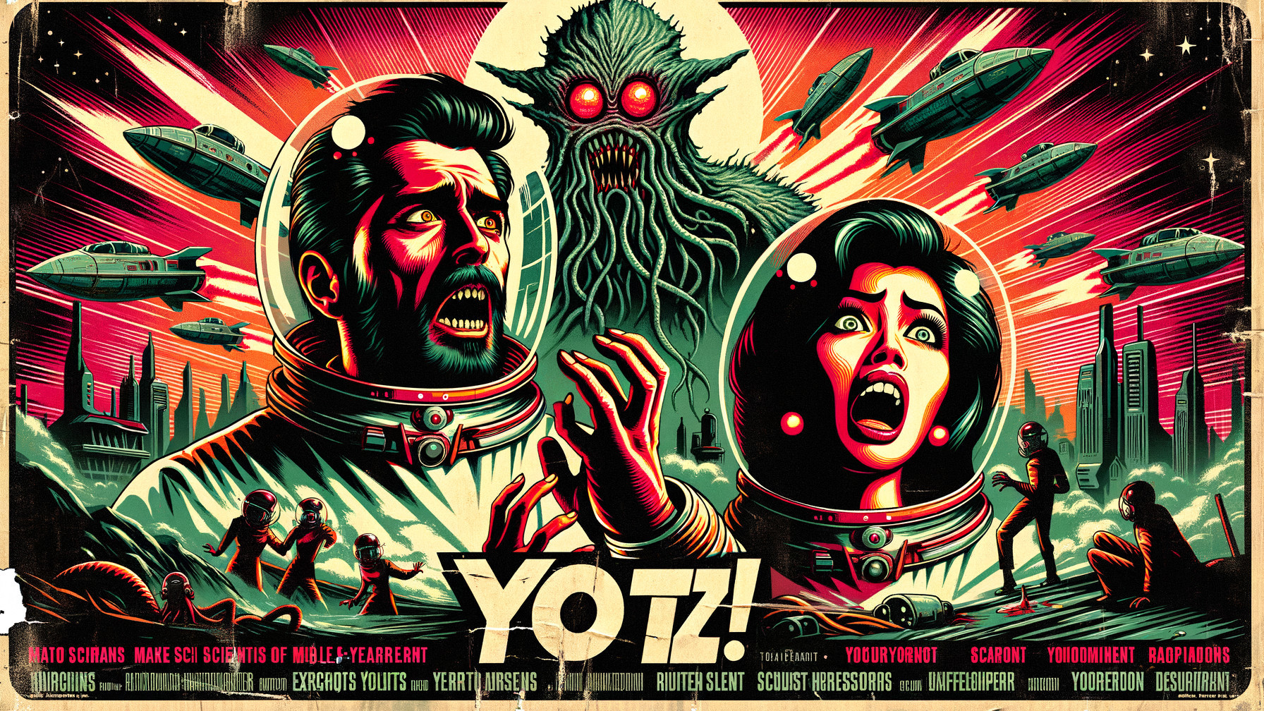 Retro Sci-Fi Scene with Astronauts and Tentacled Creature