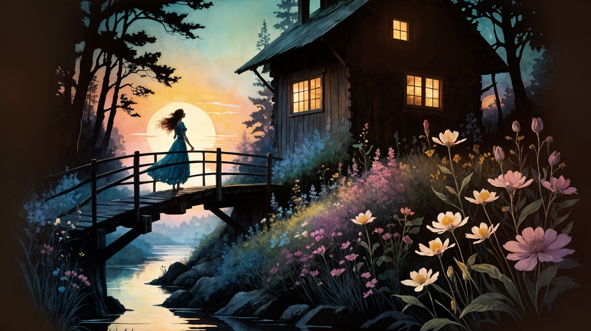 Serene landscape with woman on rustic wooden bridge