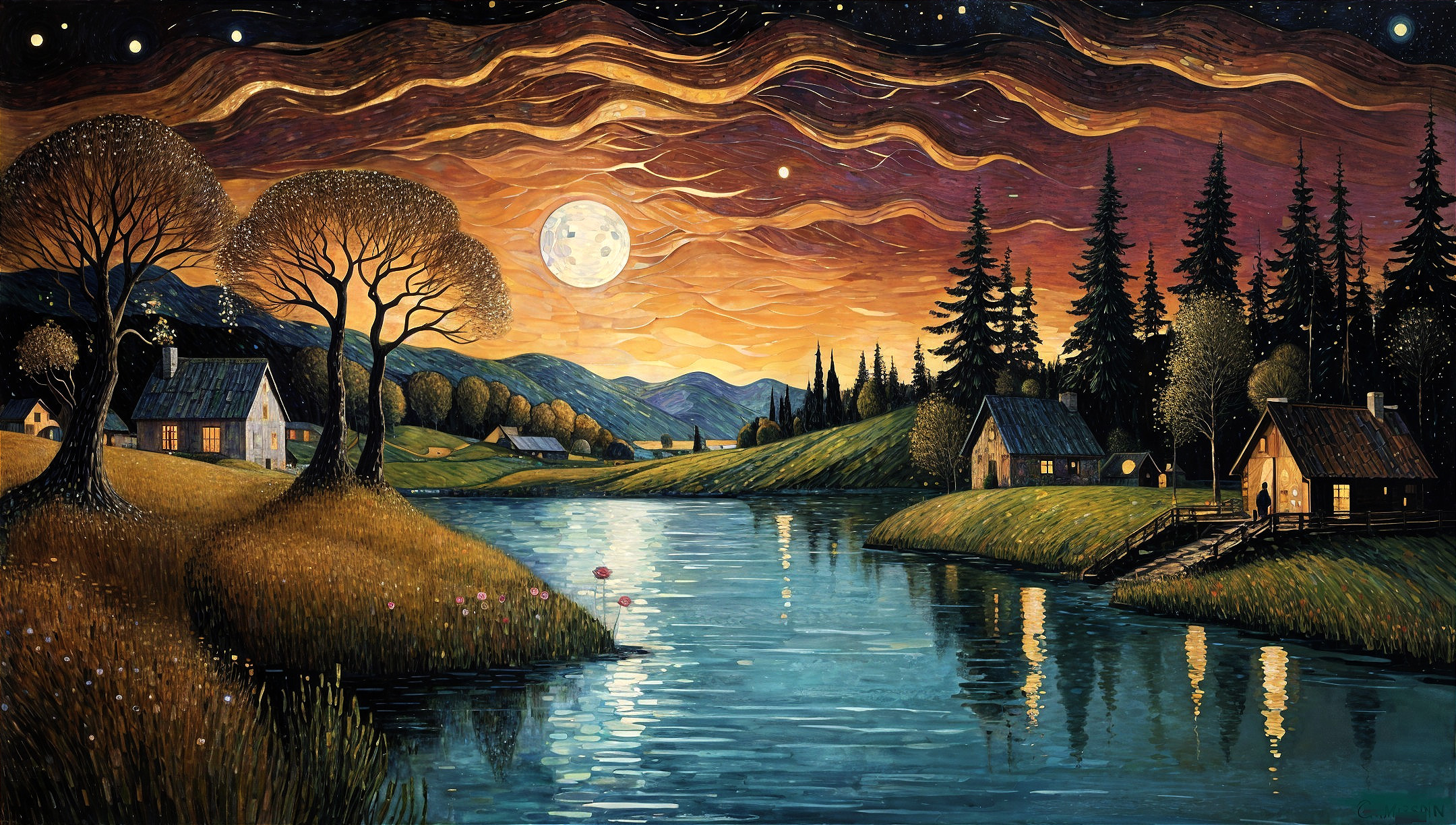 Twilight River Scene with Silhouetted Trees and Cabins