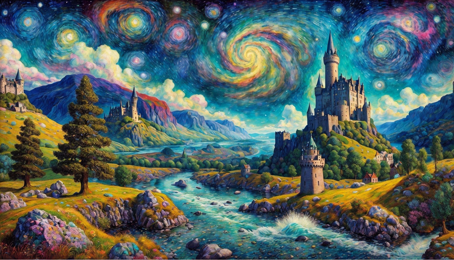 Fantasy landscape with castle, river, hills, and starry sky