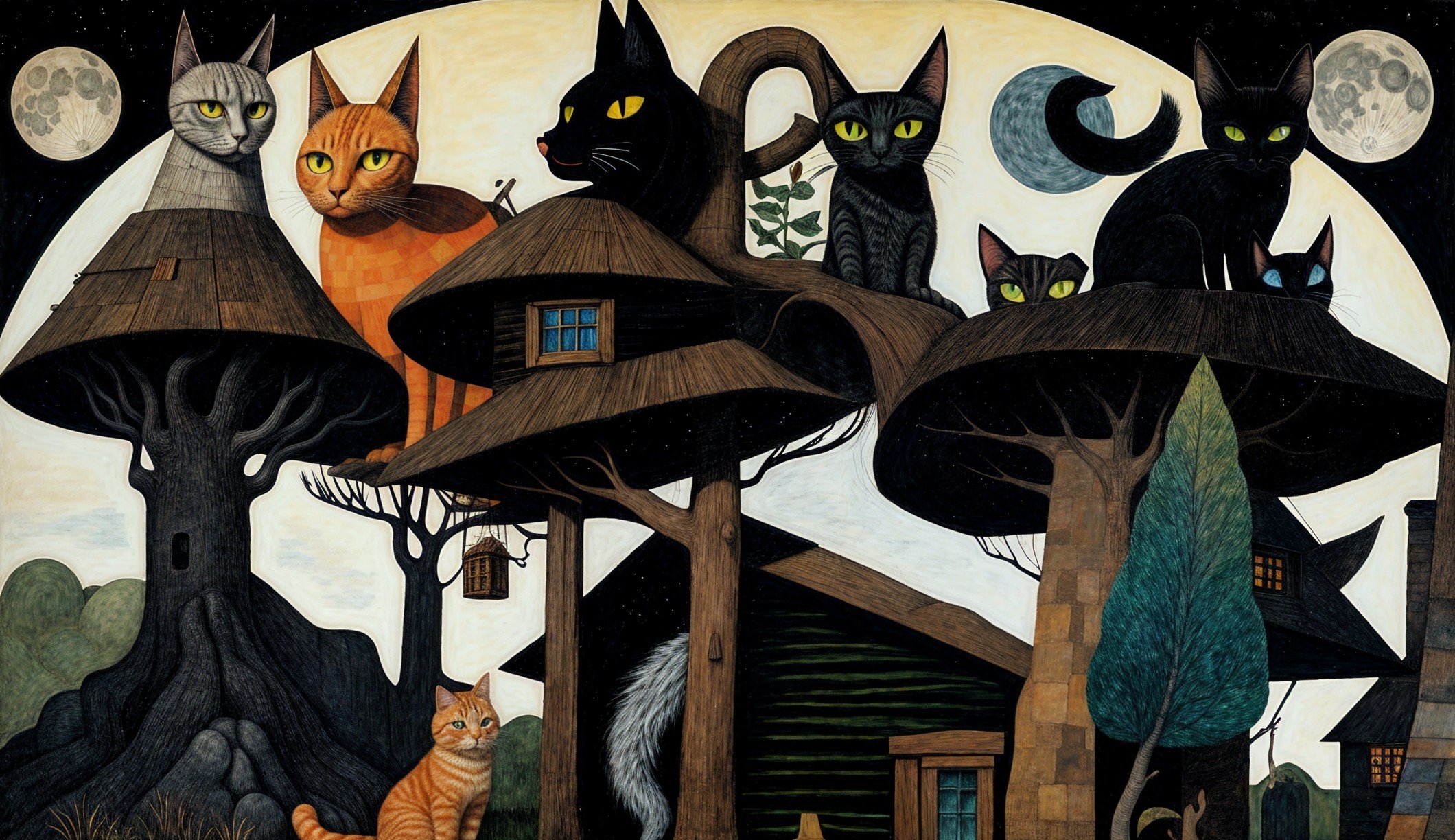 Whimsical landscape with oversized trees and cats