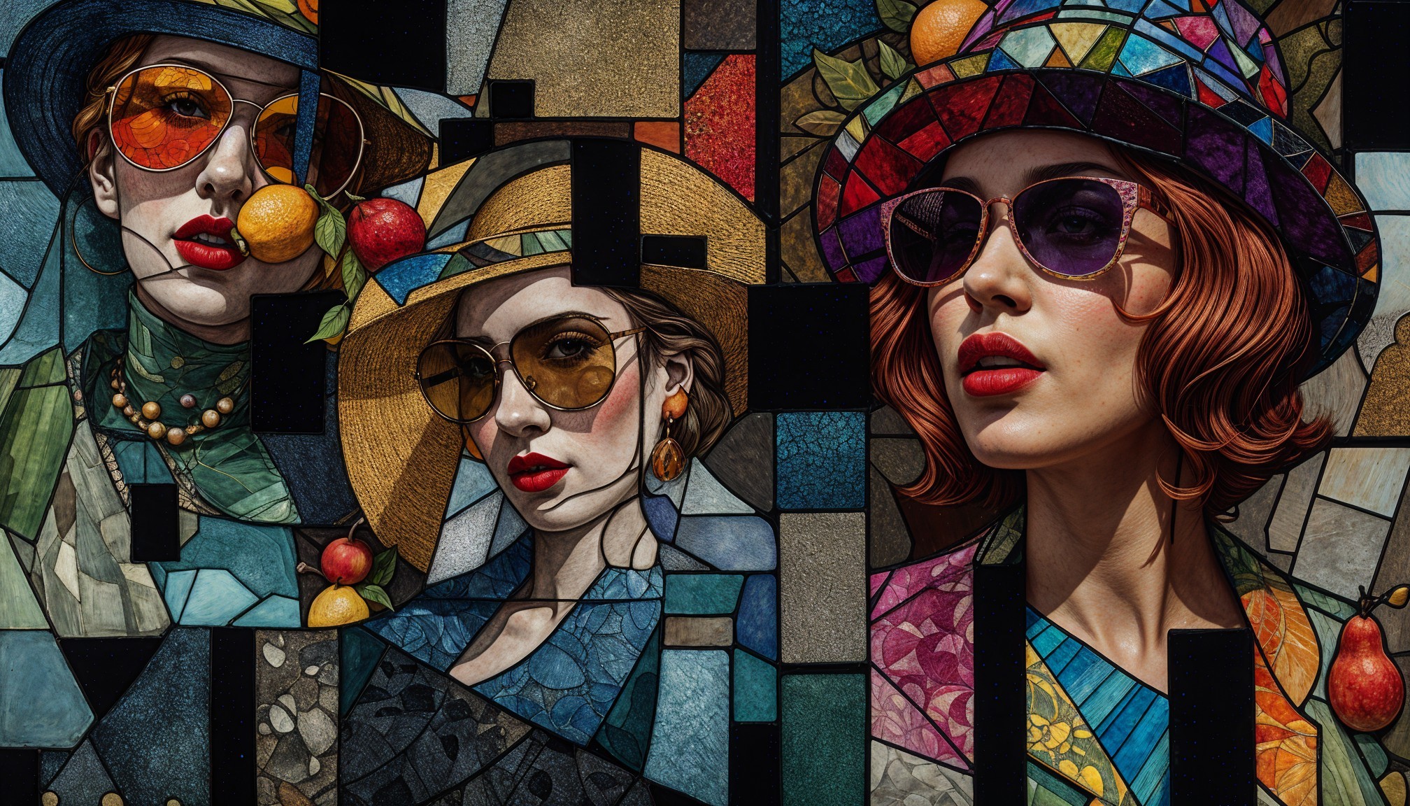 Vibrant Artwork of Three Stylish Women in Colorful Outfits