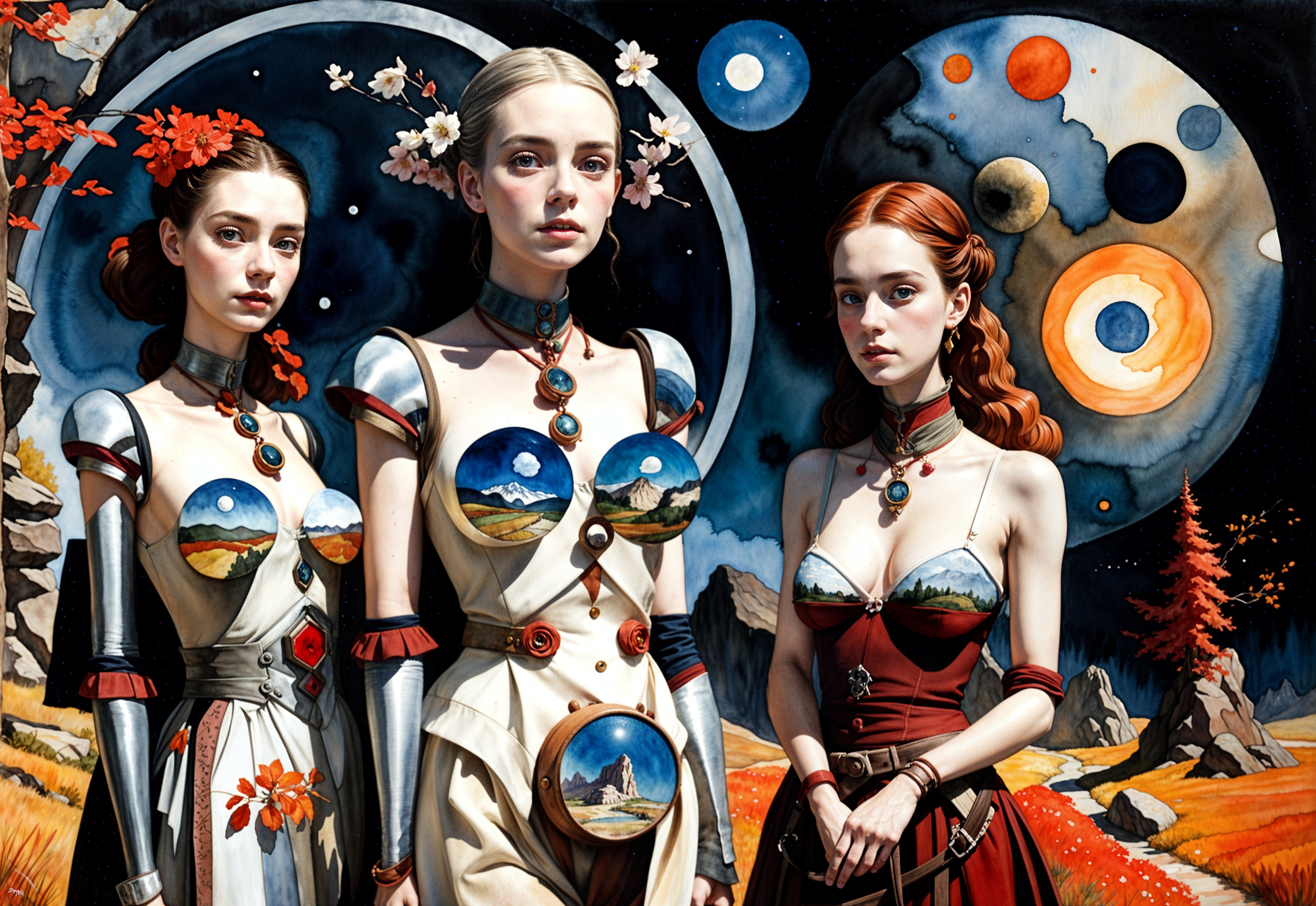 Ethereal Women in Cosmic Gowns with Planetary Scenes