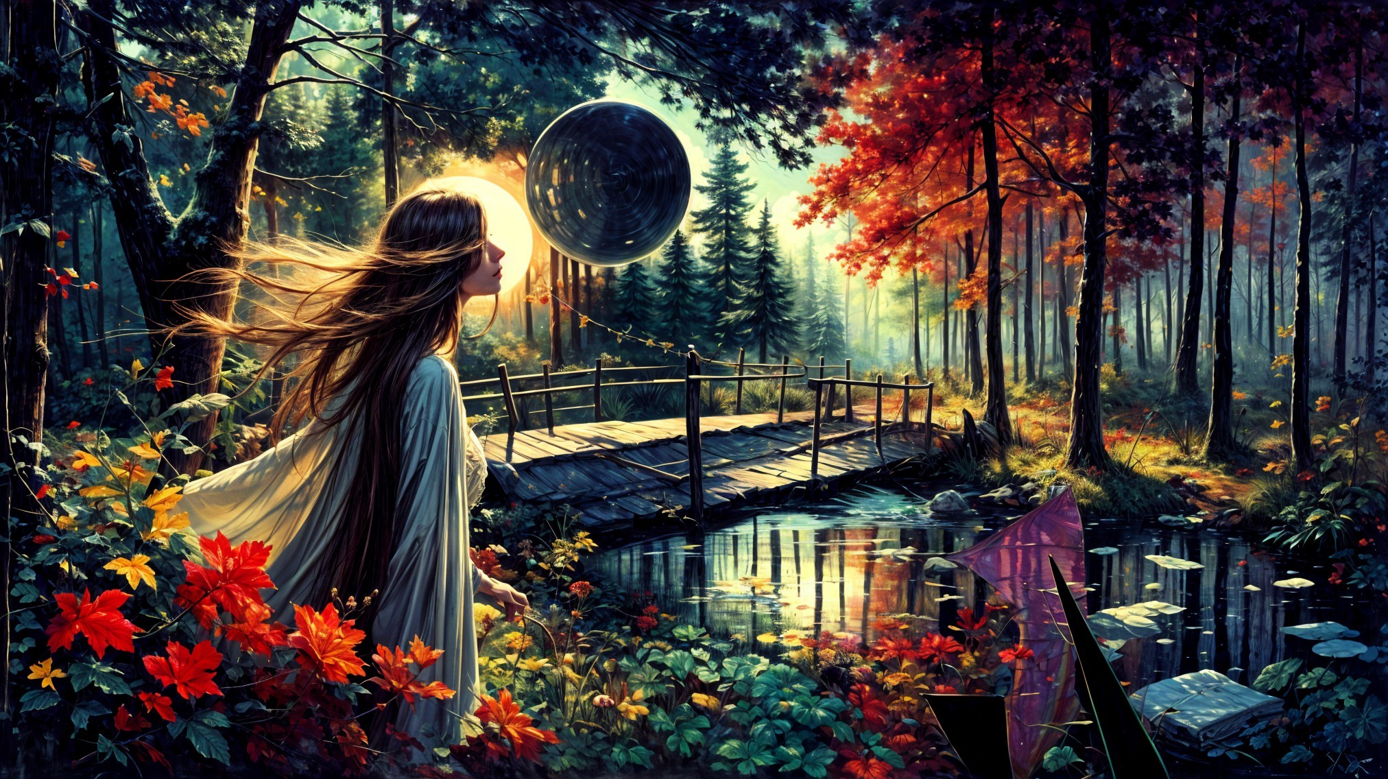 Autumn Forest with Young Woman and Ethereal Bubble
