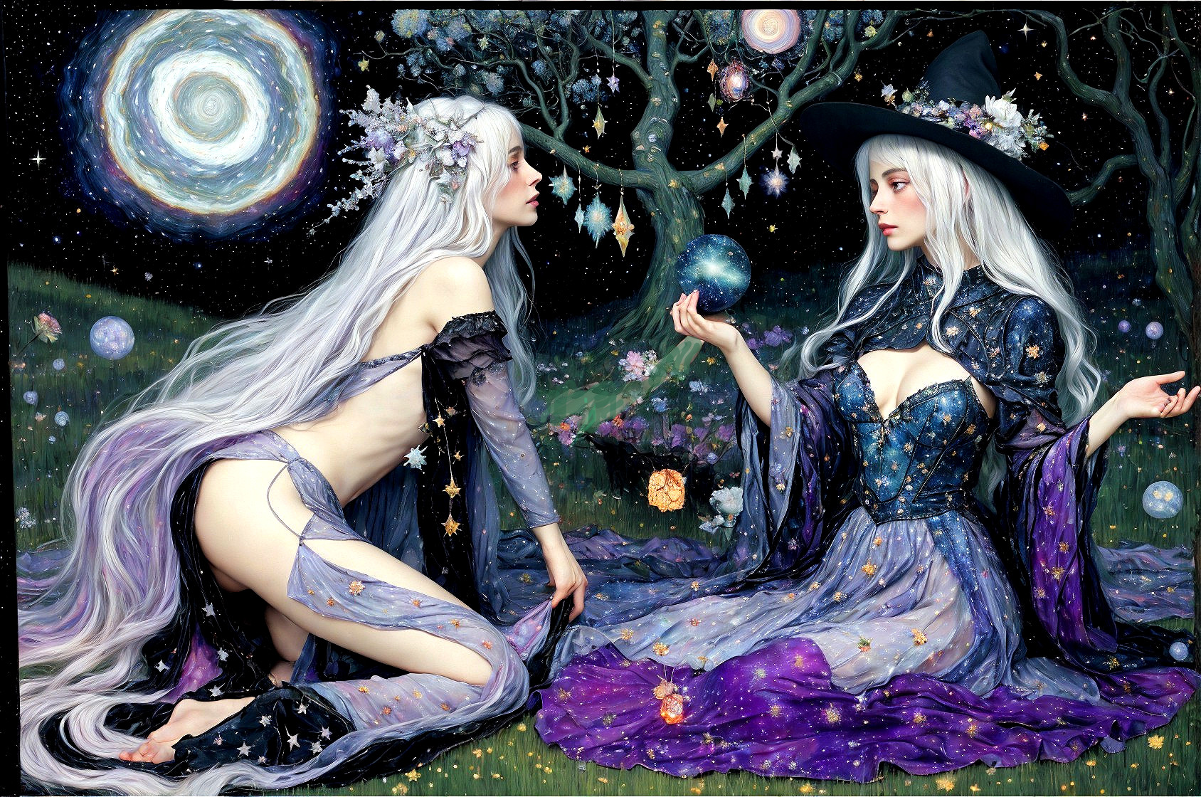 Ethereal Figures in Celestial Attire in Mystical Landscape
