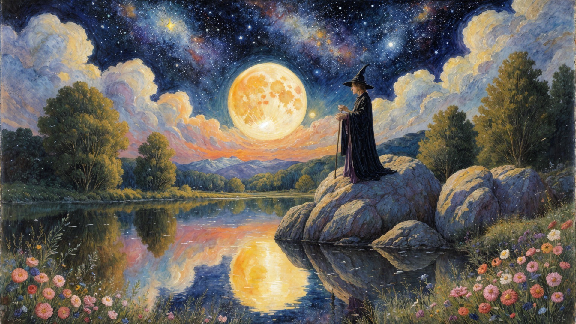 Hooded Figure by Moonlit Lake in Mystical Landscape