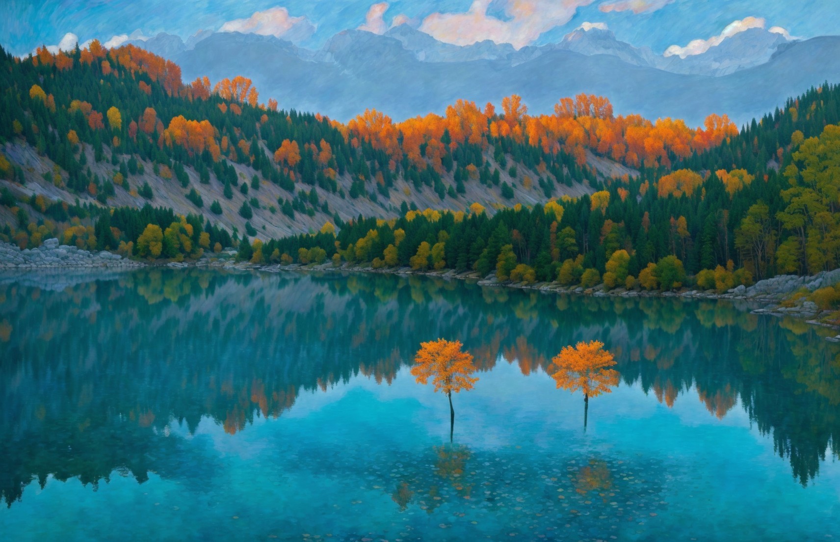 Tranquil lake with autumn trees reflecting in water