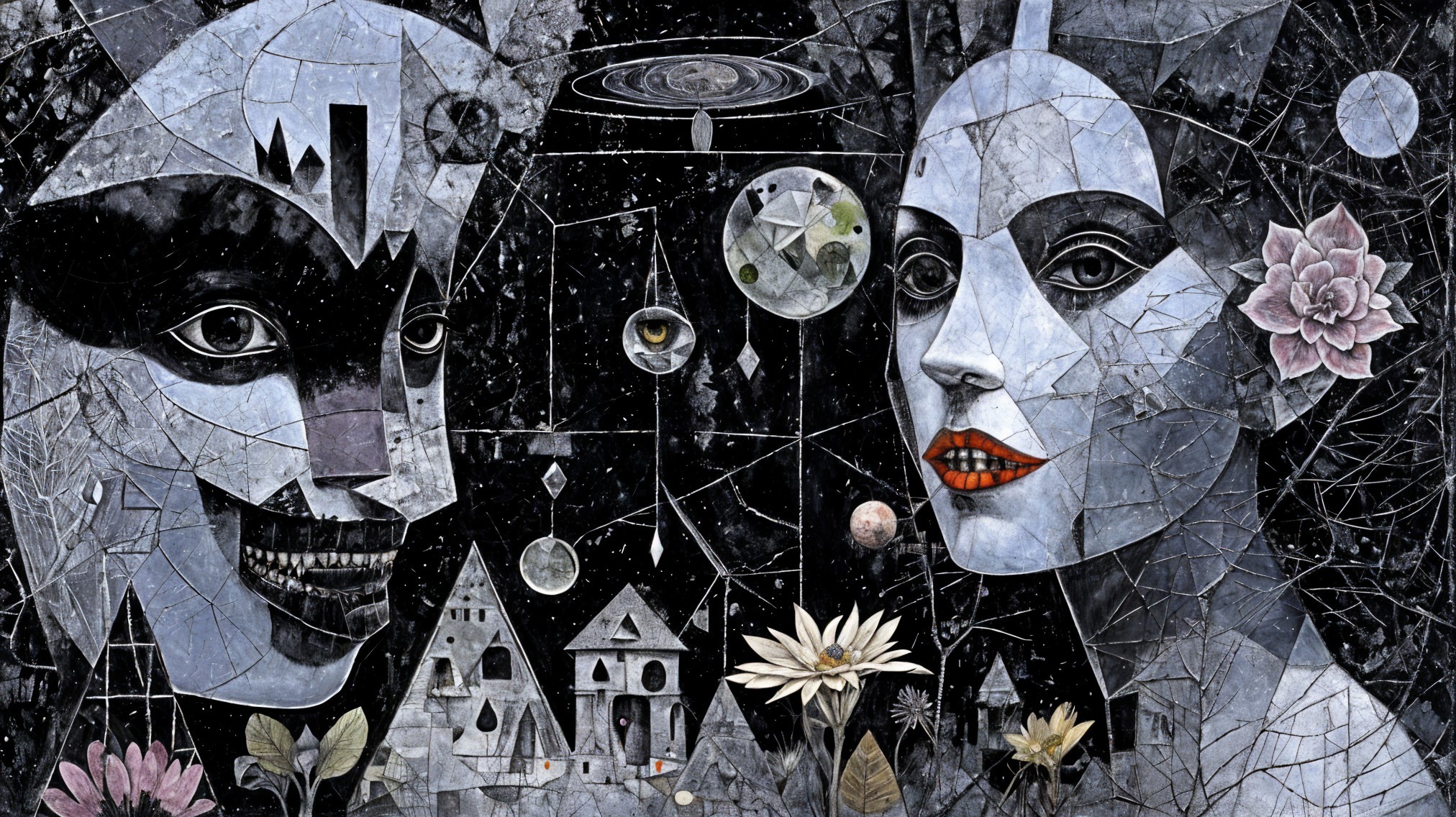 Surreal Artwork with Contrasting Faces and Mosaic Elements