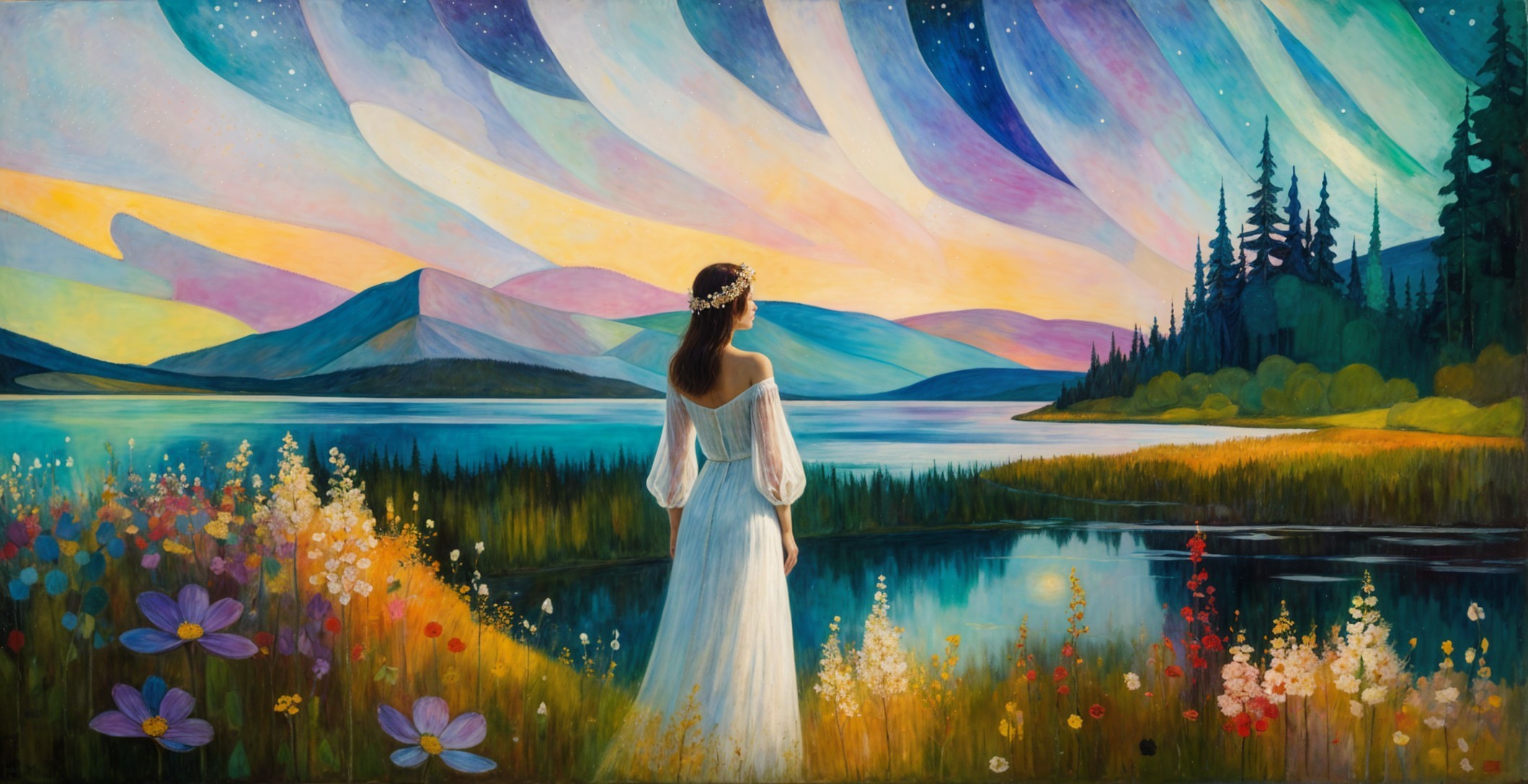 Serene Landscape with Woman by Tranquil Lake