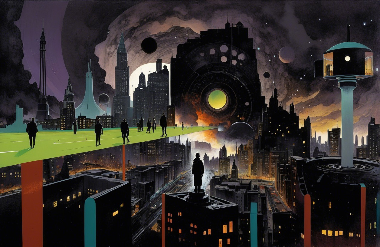 Surreal Futuristic Cityscape with Cosmic Elements