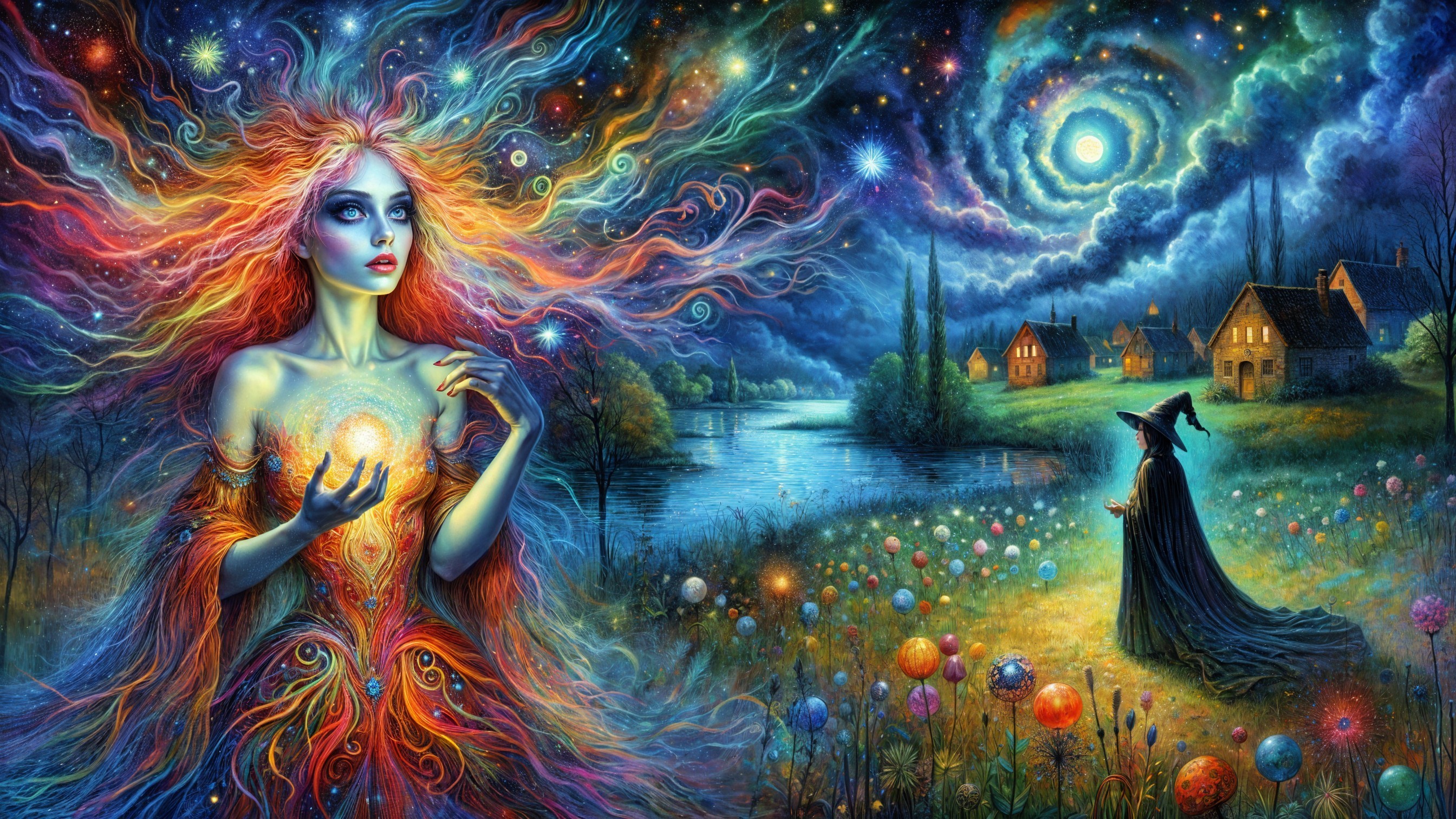 Ethereal Night Scene with Mystical Woman and River