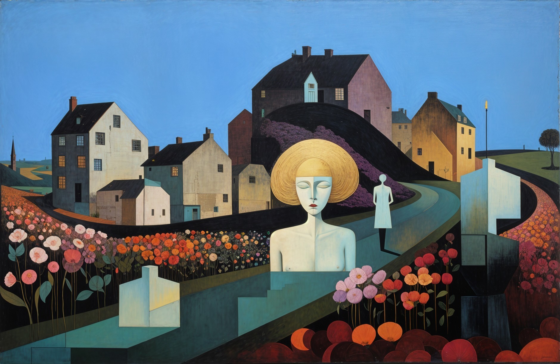 Serene Landscape with Houses and Bust in Foreground