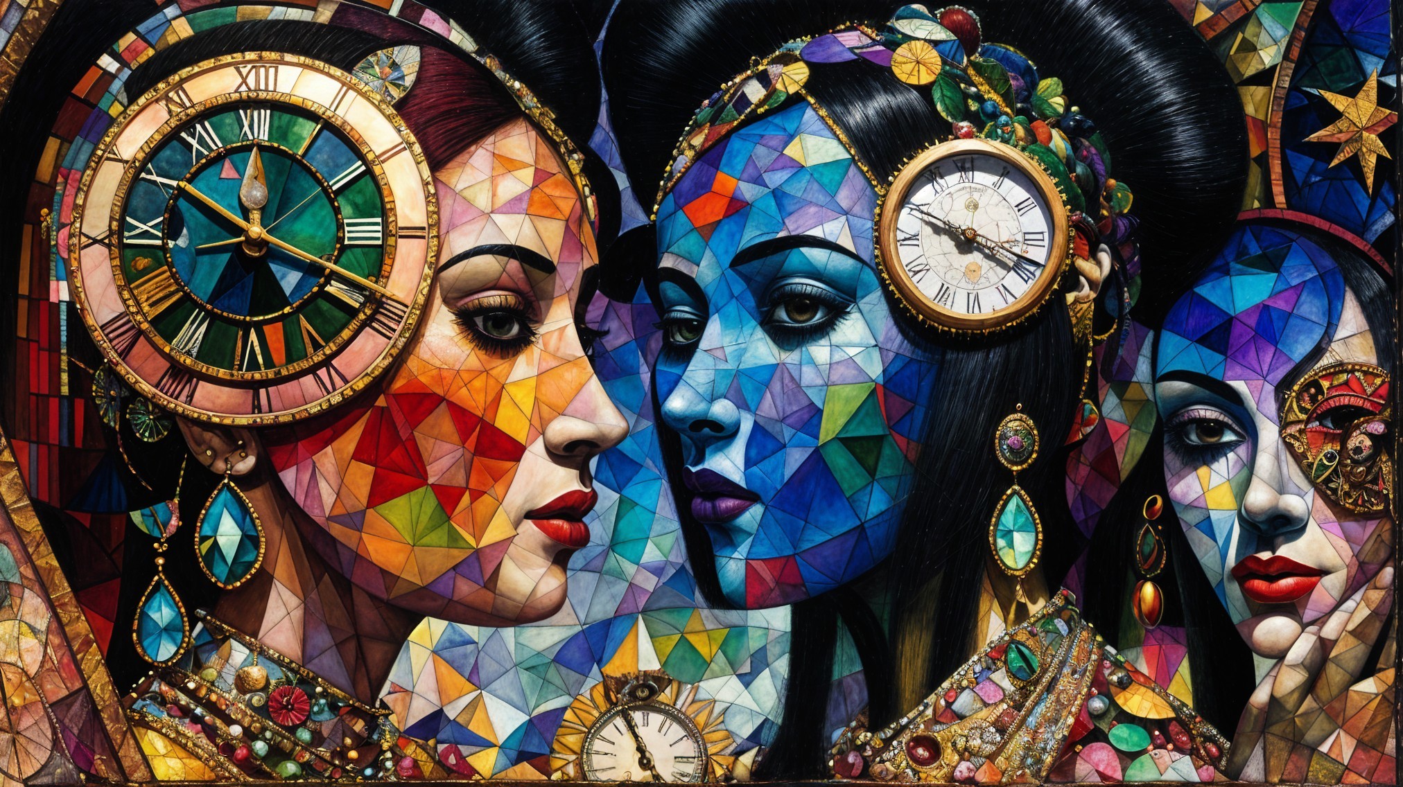Abstract Artwork of Women with Jewelry and Clocks