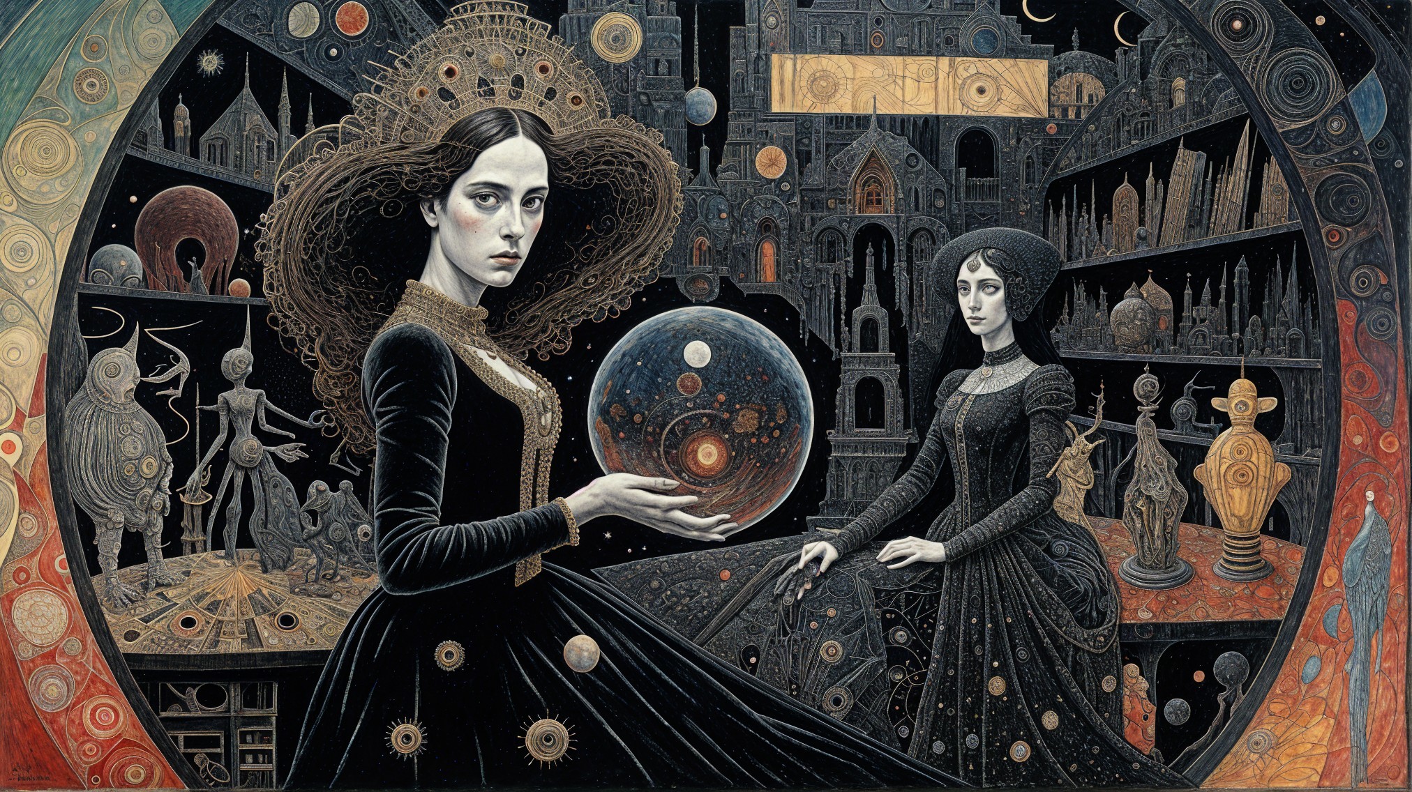 Enigmatic Women in Ornate Black Dresses with Crystal Ball