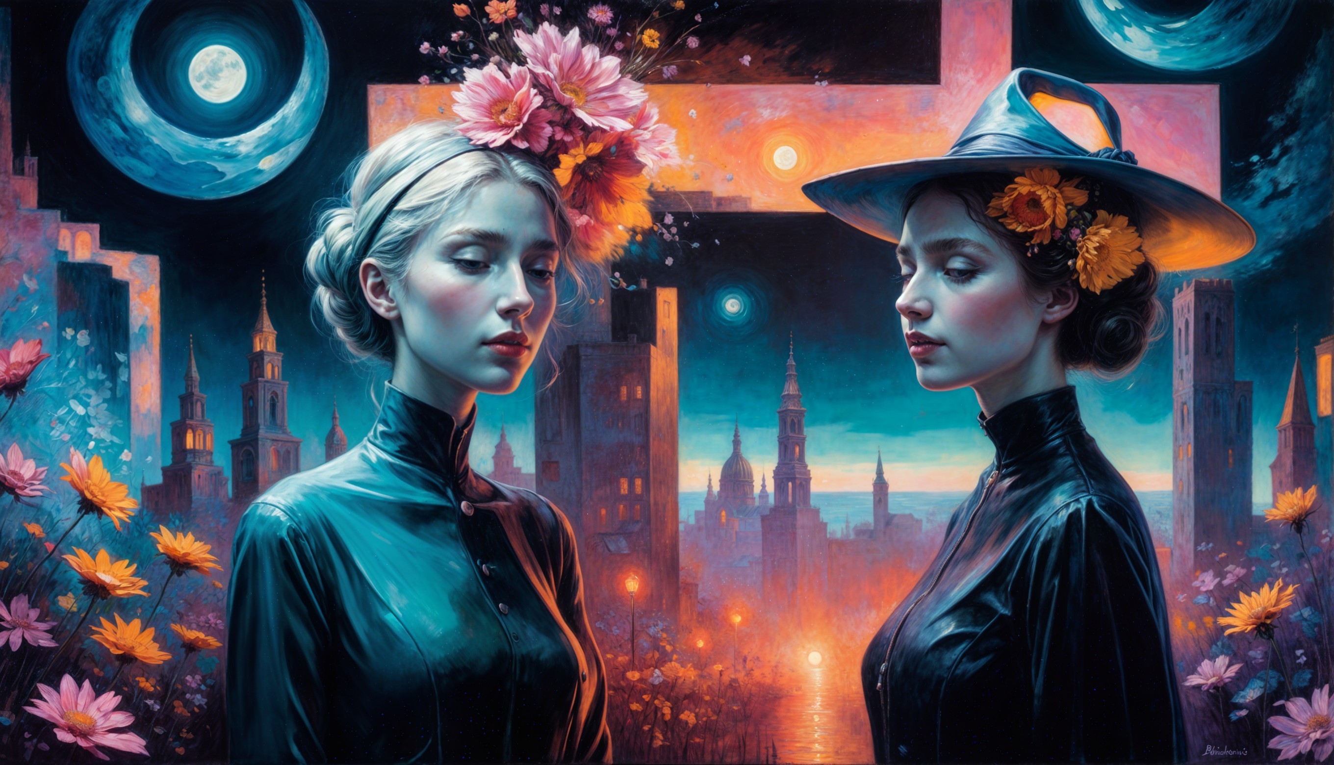 Elegant Women in Dark Attire Against Surreal Cityscape