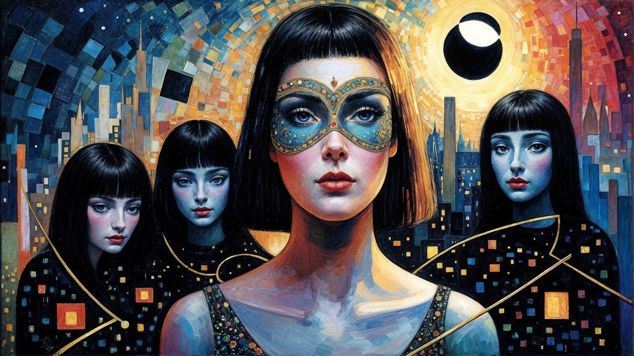 Glamorous Masked Figure in Vibrant Cityscape Art
