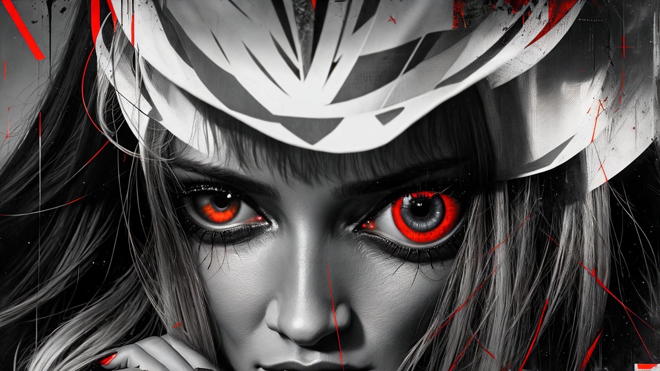 Monochrome Portrait with Intense Red Eyes and Hair
