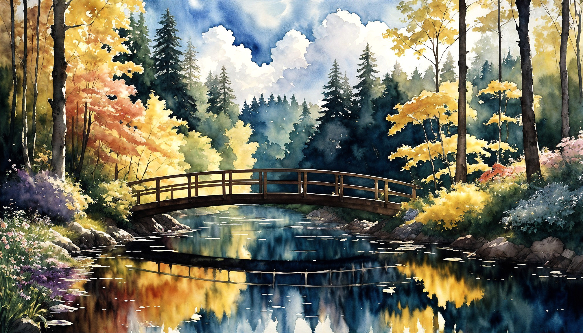 Tranquil Autumn Landscape with Wooden Bridge and Stream