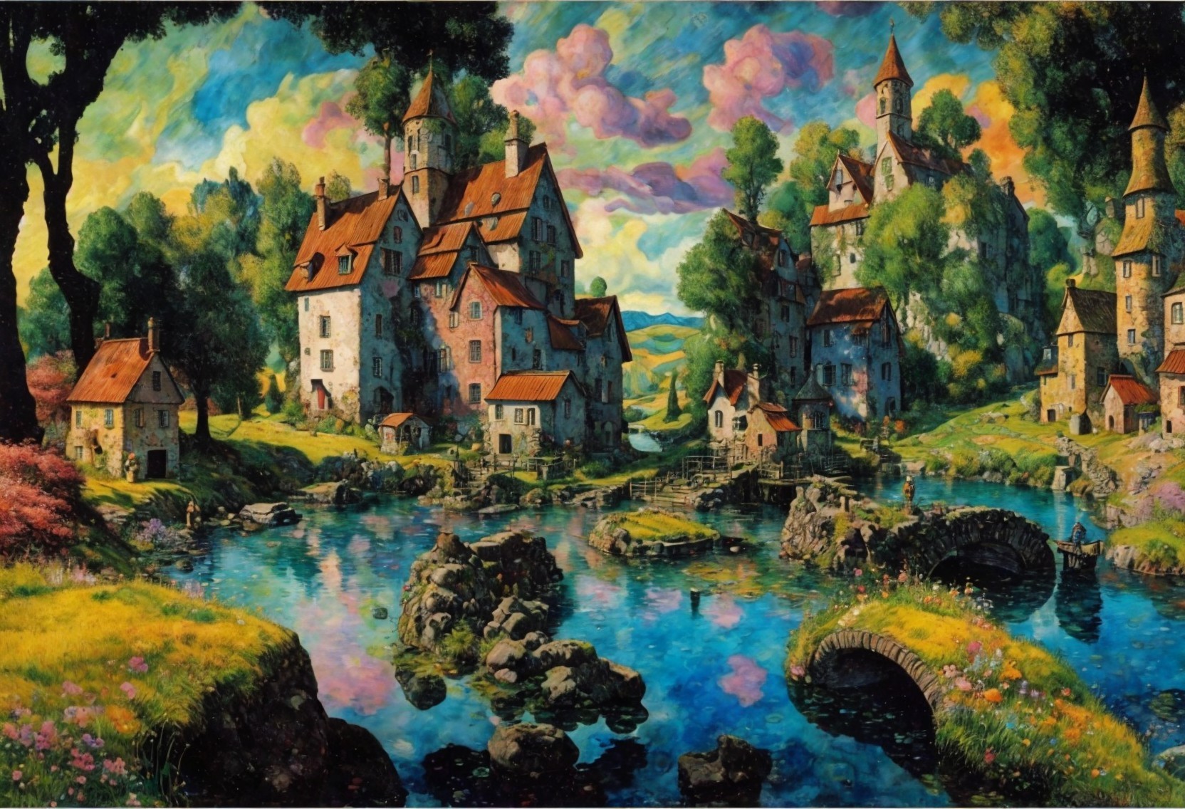 Vibrant medieval village painting with blue river and stone bridges