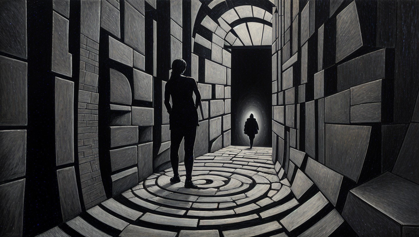 Black-and-White Scene of a Spiraling Corridor