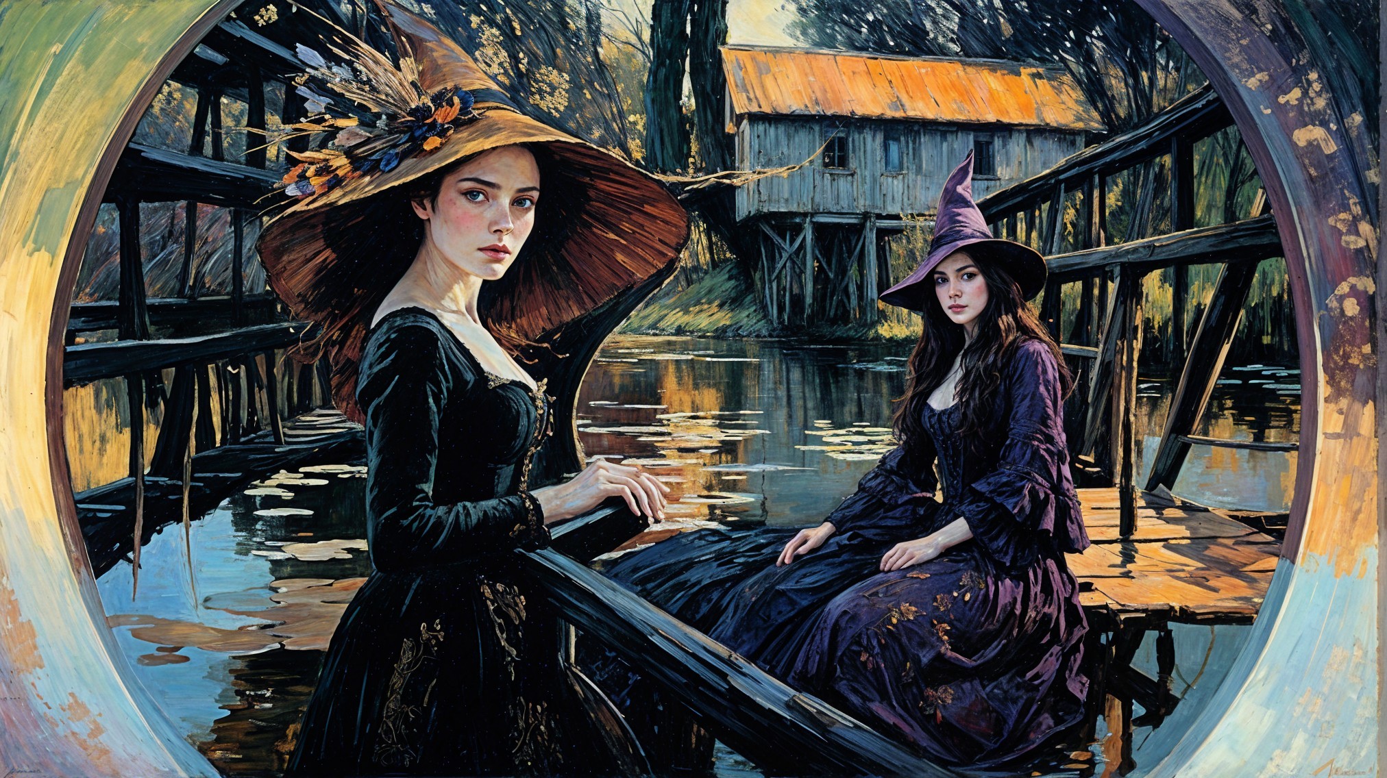 Elegant women by tranquil waterway with rustic landscape