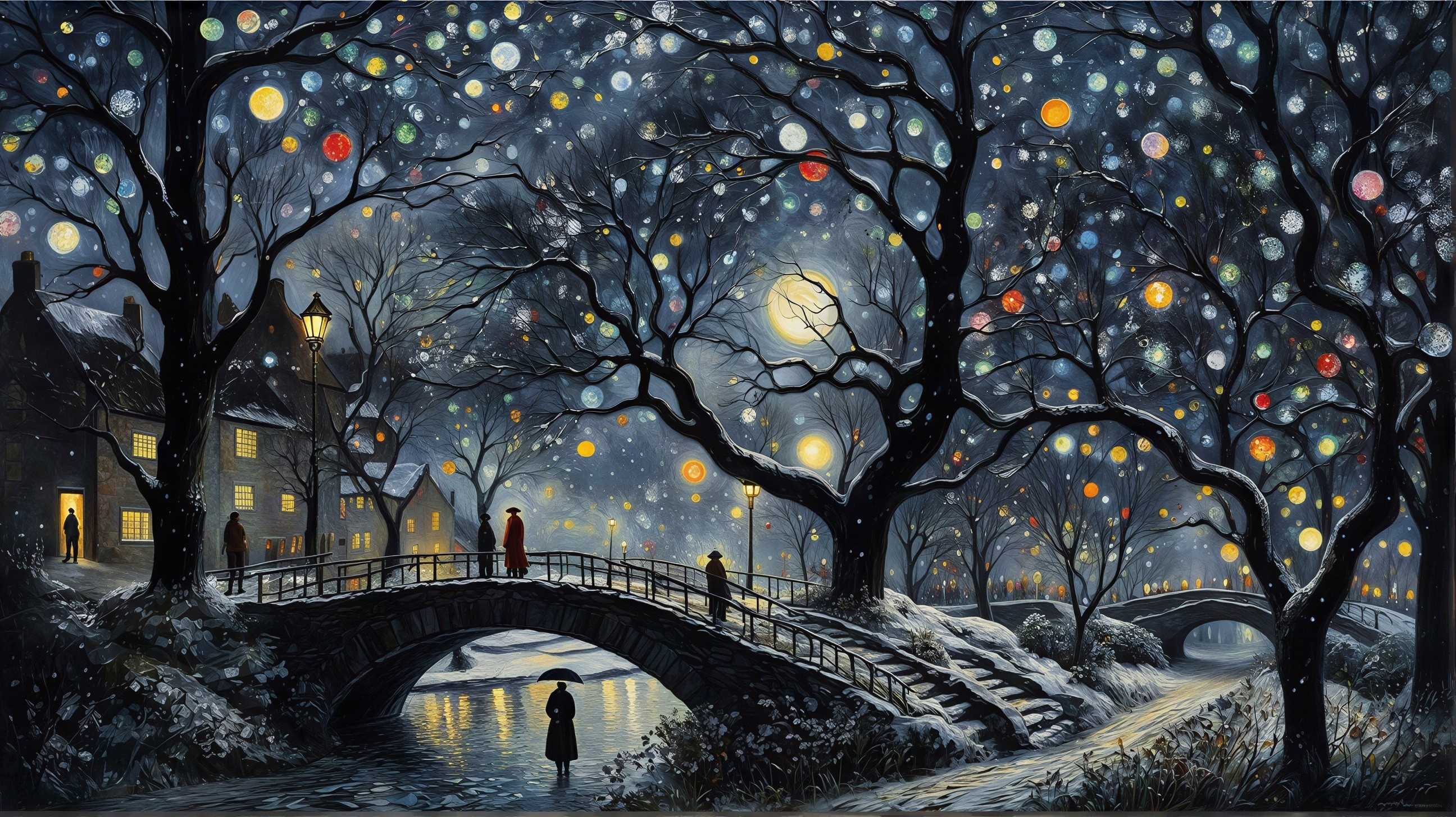 Magical Winter Night Scene with Glowing Trees