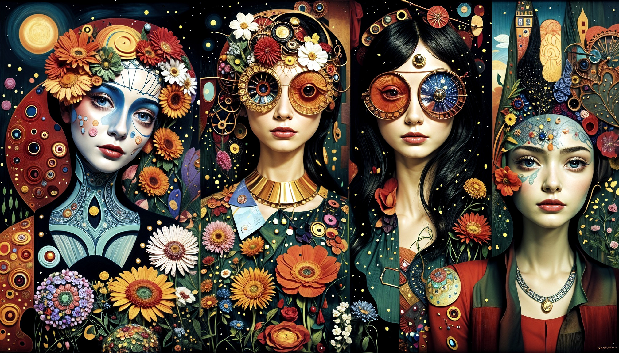 Whimsical Artwork of Four Stylish Women with Nature Themes