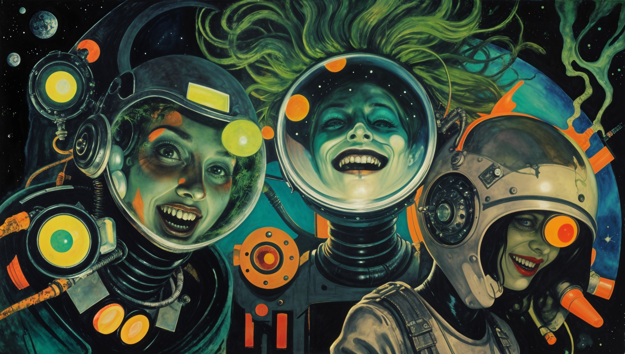 Vibrant Astronauts in Colorful Space Suits Against Cosmos