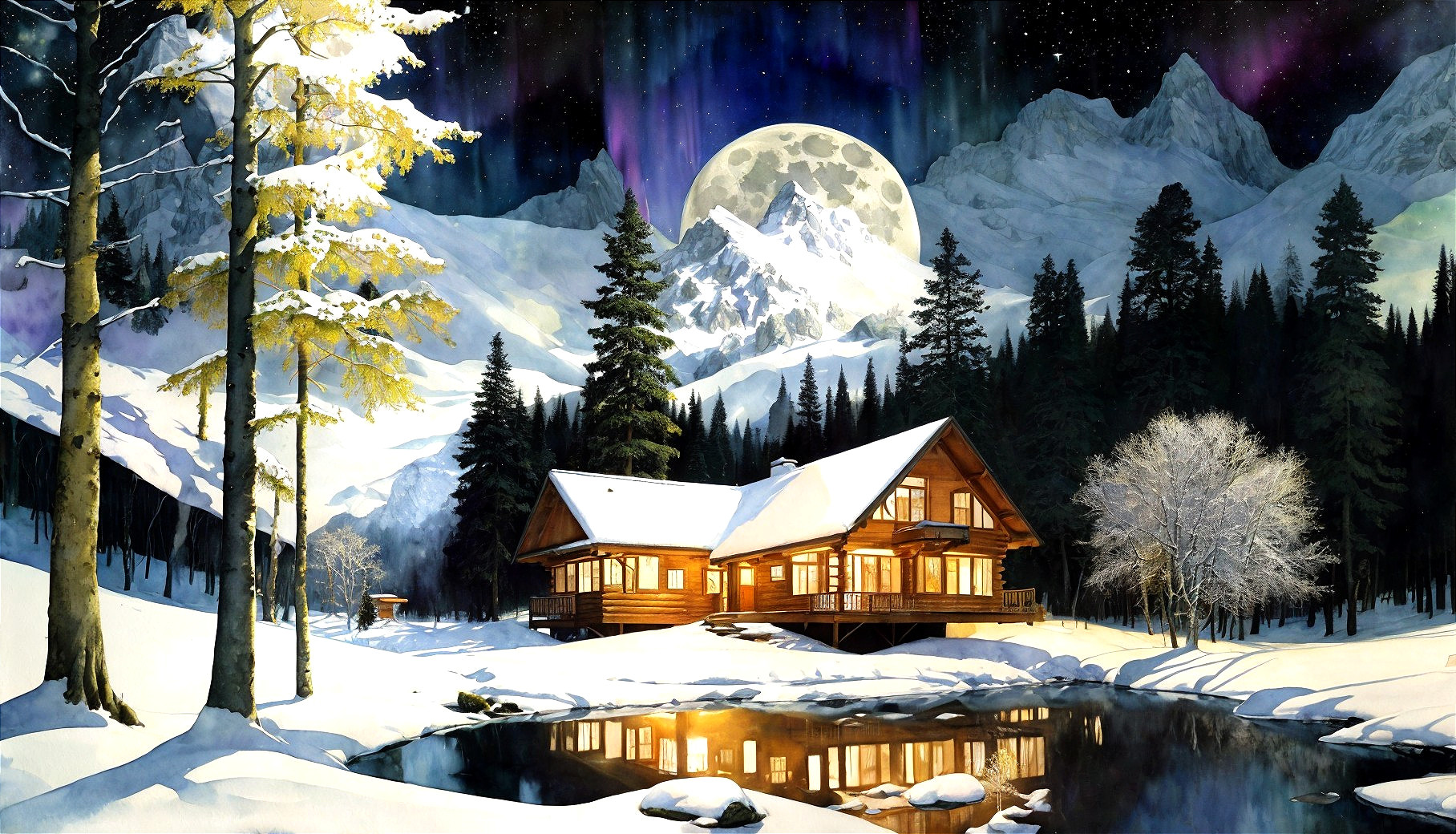 Cozy Cabin by Pond Under Northern Lights and Moon