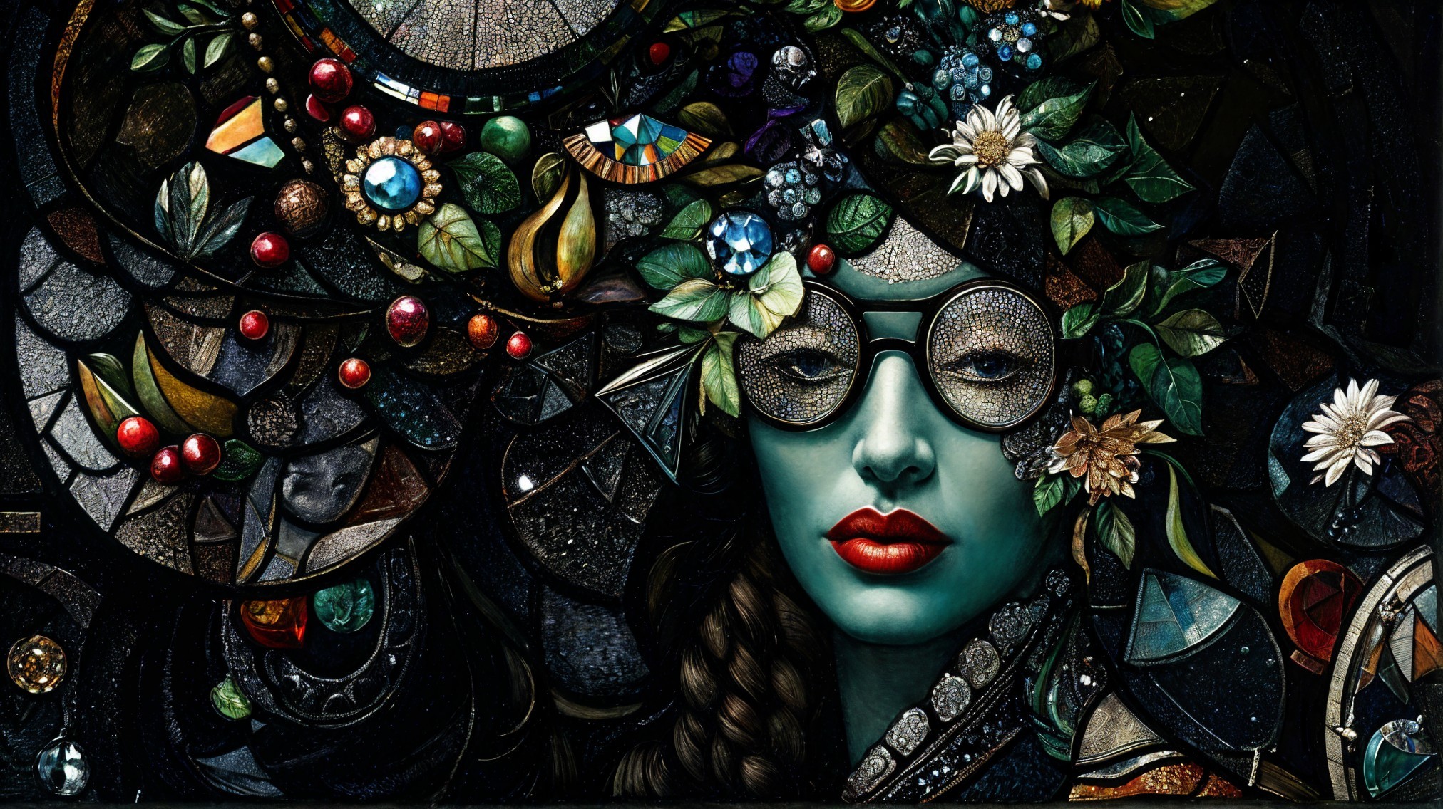 Portrait of a woman with turquoise skin and jewels