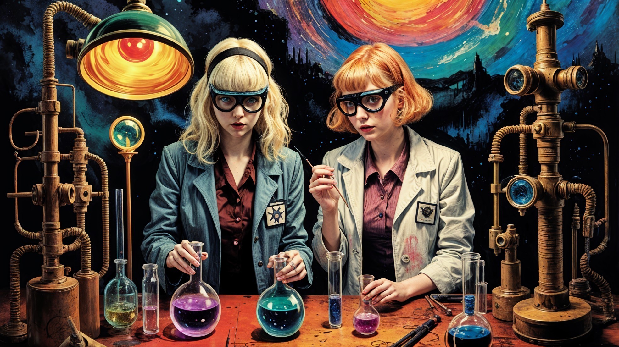 Whimsical Laboratory with Colorful Experiments and Cosmos