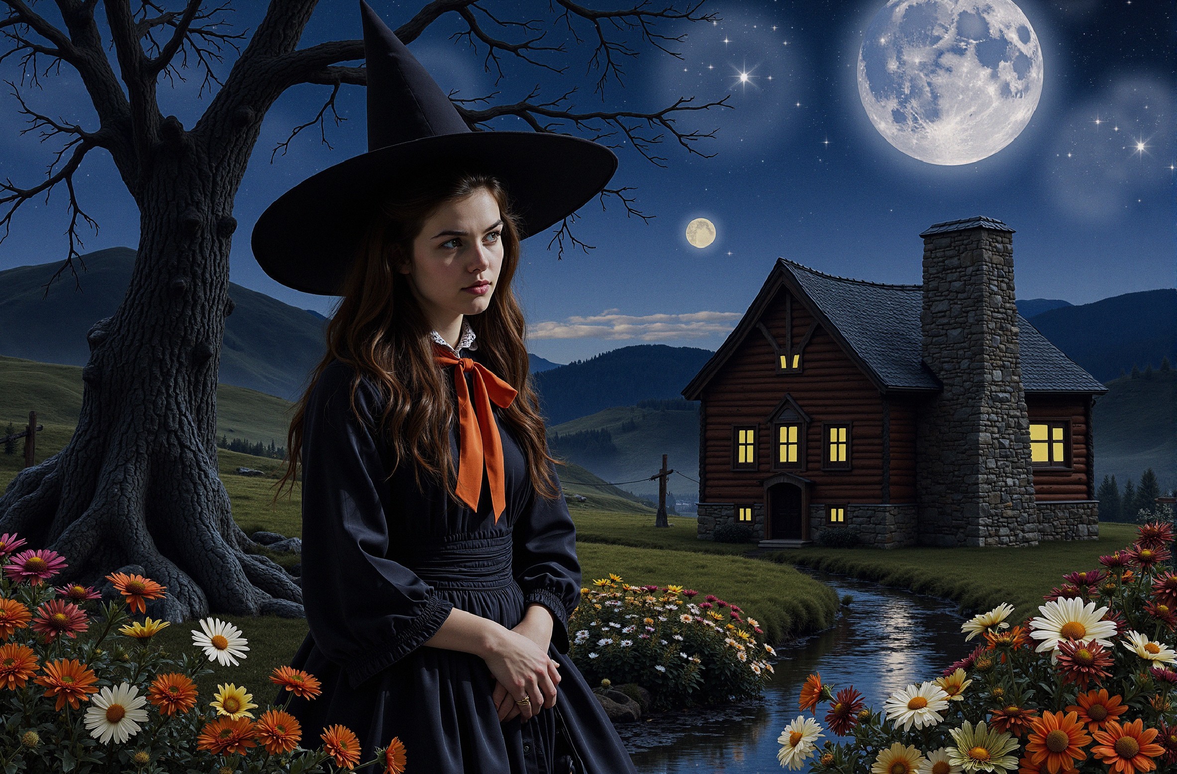Young Witch by Serene Stream with Moonlit Cabin