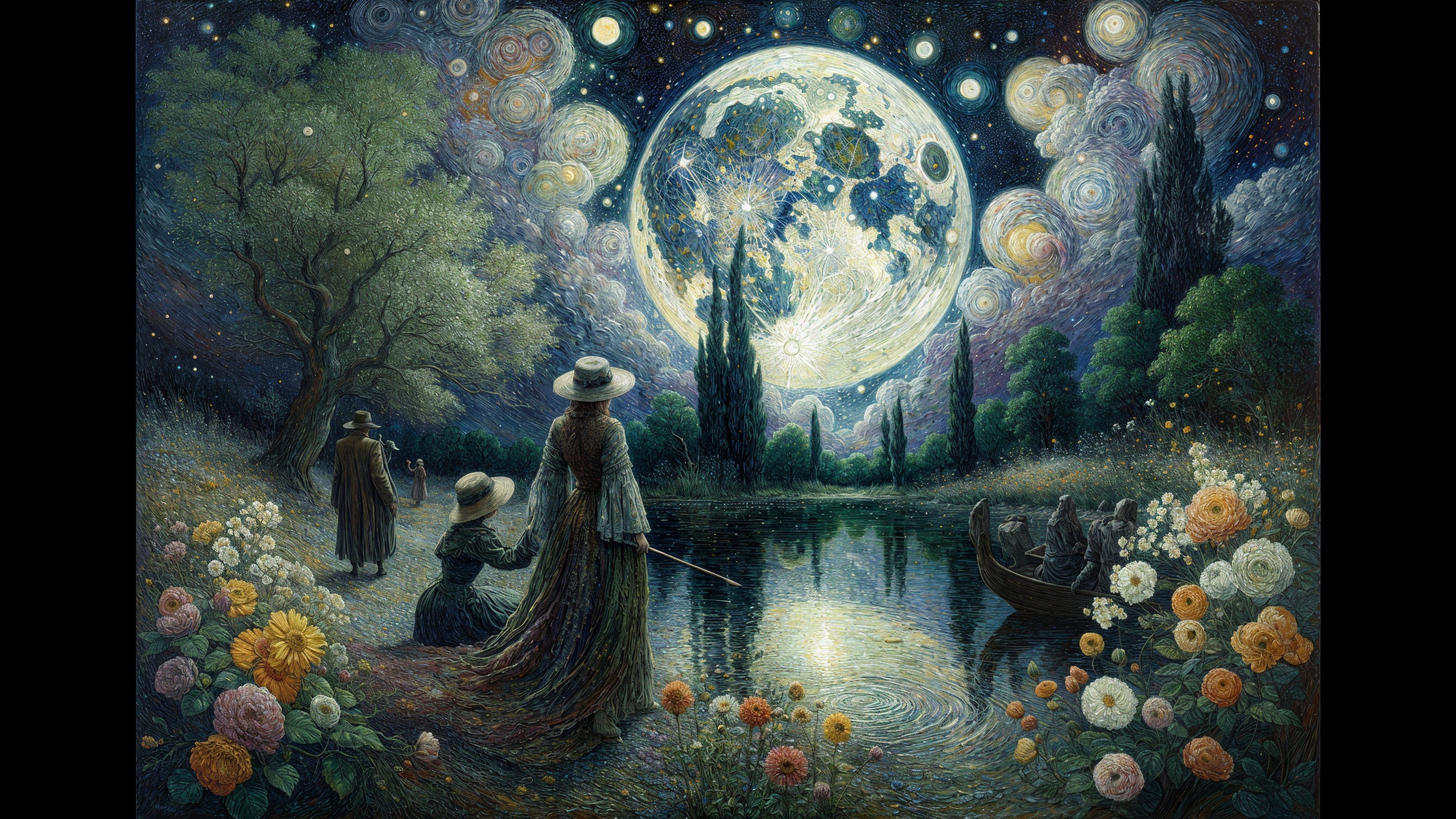 Moonlit Scene by Tranquil Lake with Silhouetted Figures
