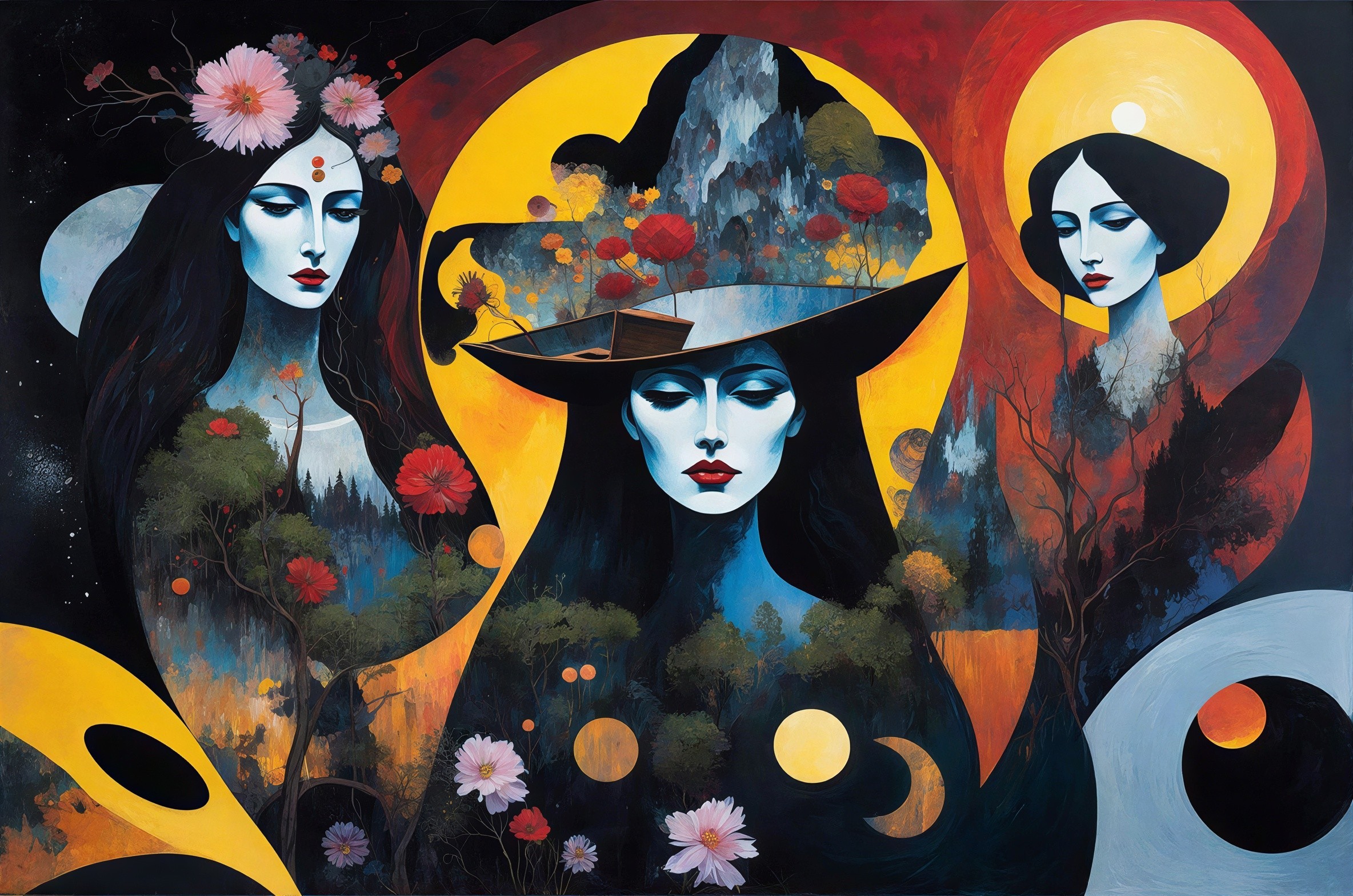Colorful Painting of Three Women's Portraits in Circle