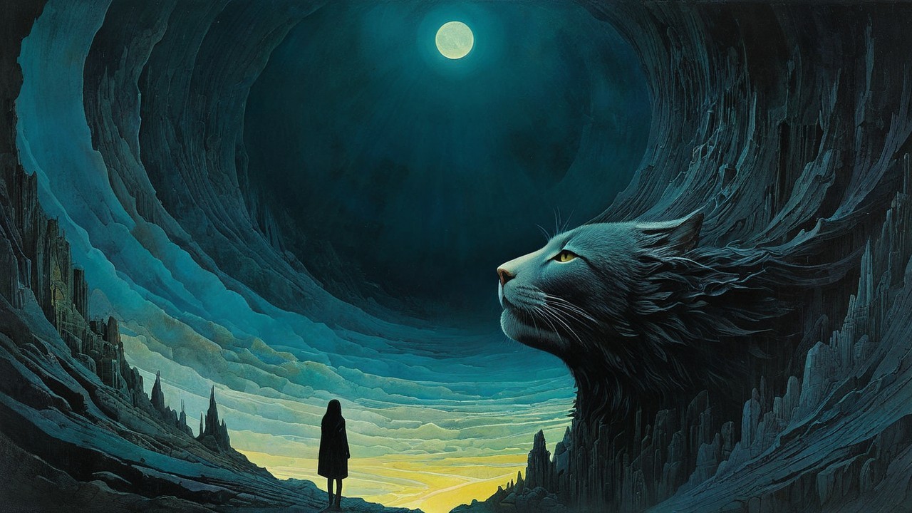 Surreal Landscape with Giant Cat's Head and Moonlight