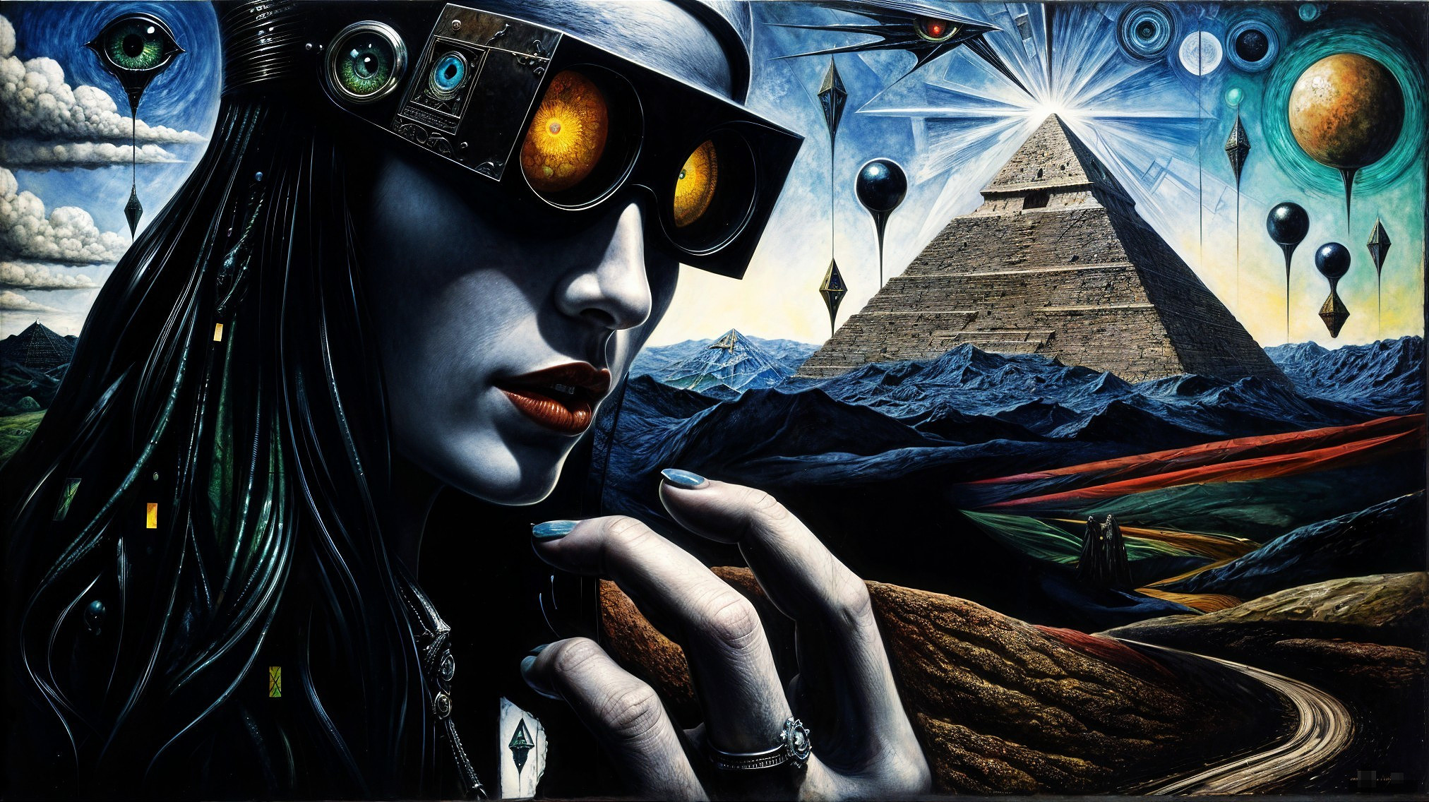 Futuristic Woman Contemplating Pyramid in Surreal Landscape