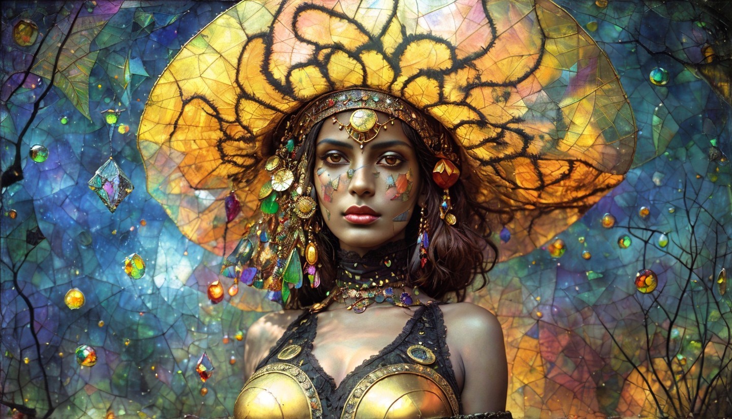 Elaborately adorned woman in golden headpiece against vibrant fantasy backdrop