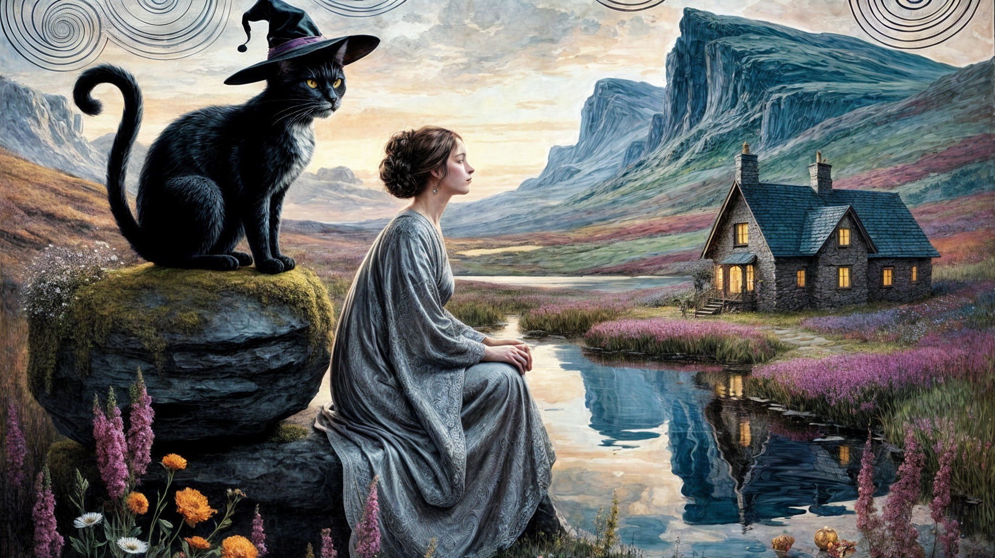 Tranquil Waterway Scene with Woman and Black Cat