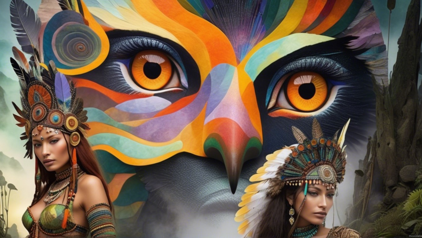 Vibrant Tribal Attire with Owl Face Background