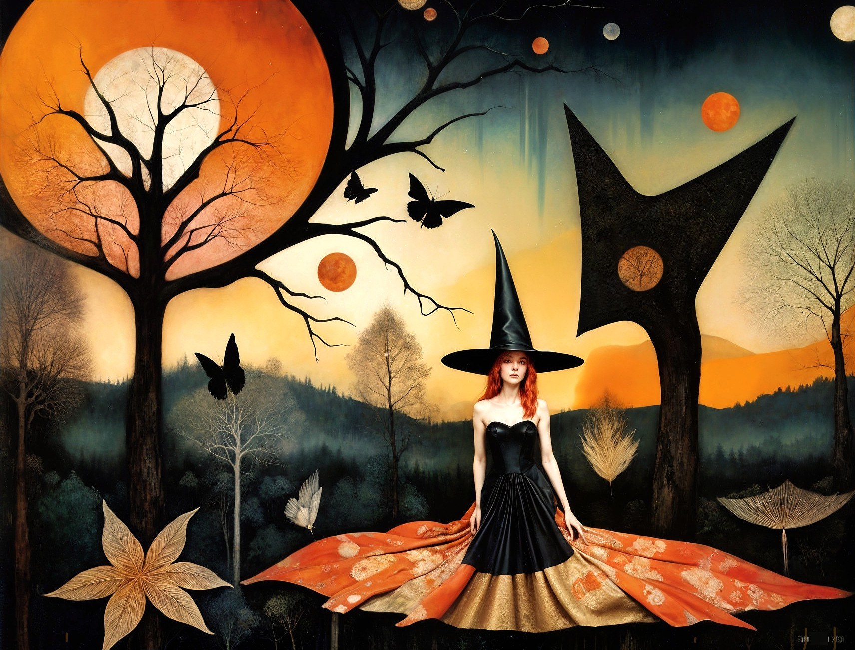 Mystical Twilight Scene with Woman in Black Dress