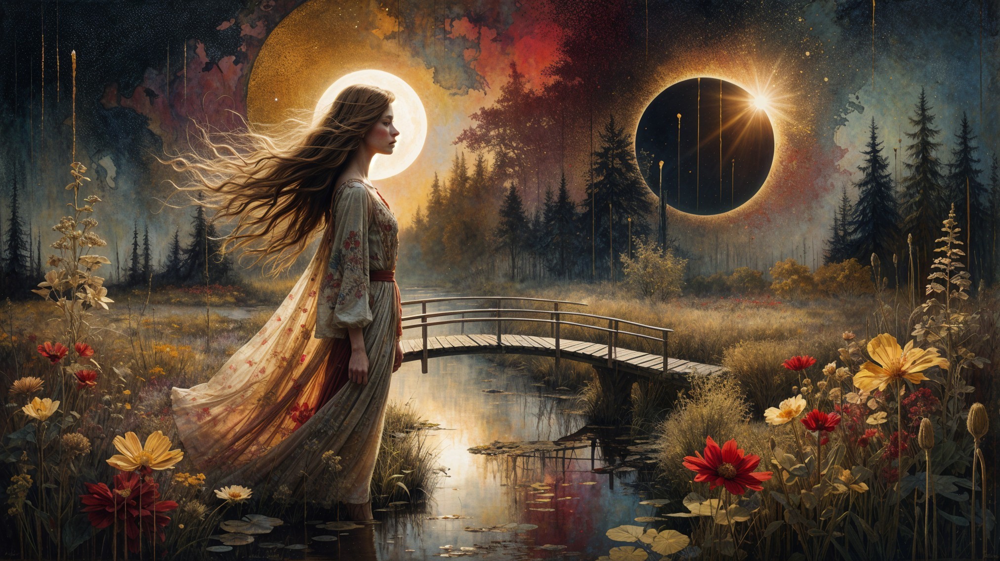 Dreamlike Scene of Woman on Bridge Over Pond