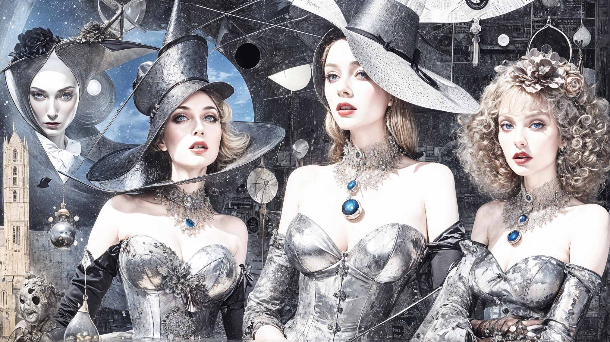 Elegantly Dressed Women in Metallic Corsets and Accessories