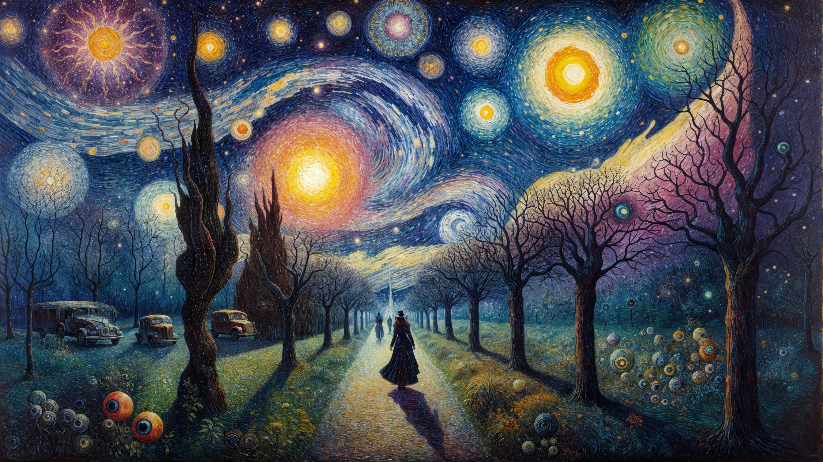 Vibrant Starry Night with Surreal Celestial Elements